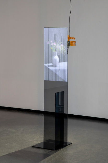 Because it detaches the object from its spatial and temporal bond, the digital screen is the modern presentation medium par excellence. It almost seems as if the glass of the screen encloses the vase within itself. Instead of its surface, we touch glass. The effect of a window pane fogged by water vapor alludes to the transparency of the barrier: only when sunlight is reflected in it or water vapor condenses on it does its transparency become transparent and recognized as a barrier. If one strokes the glass of the touchscreen with one's finger, the virtual haze is wiped aside and reveals the image of the vase behind it.